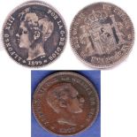 Spain 1877 5 Centimes, KM674 VF-Spain 1899 Peseta, KM706, AVF(2)