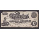 United States(Confederate) 1862 Richmond 100 Dollars, Steam Train, Milkmaid at left, VF, small
