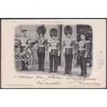 Scots Guards Photo Postcard Bandmaster, Drummer and Bugler etc., five in group, used 1903, U/D