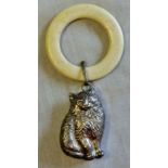 Victorian Ivory and Silver Babies Teething Ring - and Rattle, Cat Motif.