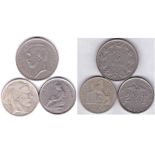 Belgium 1923 2 Francs, BELGIQUE, AEF KM 91.2, 1933 5 frank/ EEN BELGA, KM 97.1, GVF and 1950 20 AVF,