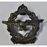 WWII South African S.A.A.F.-S.A.L.M. Cap badge, KC (Blackened-brass, lugs)