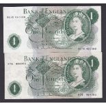 Banknote - England - £1 green 1963 M76 464995 Hollom EF B289 Replacement Series England - £1 green