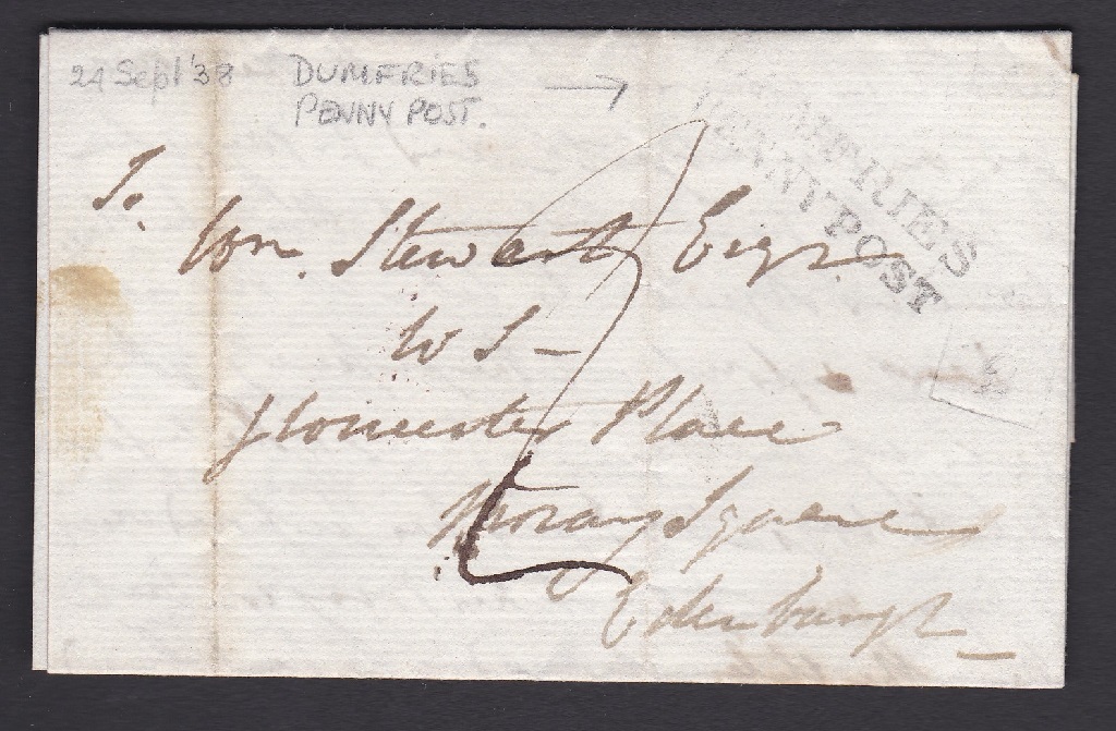 Scotland 1838 EL Dumfries/Edinburgh XXX Dumfries Penny Post.