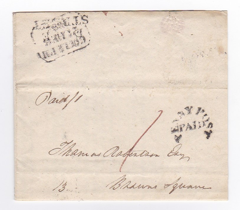 Scotland 1828 EL-Local Edinburgh with unboxed Duke Street, and a boxed timed strike, penny post paid