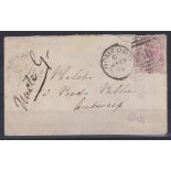 Great Britain 1876 envelope Romford to Antwerp 2½d rosy mauve Pl 3 Romford duplex and Antwerp 15