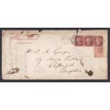 Great Britain 1867-Envelope Registered Swansea to Brighton with 1d reds, plate 192, stip of three