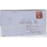 London 1857 EL-London to Kings Lynn 1d, rose-red cancelled London District post (27) for Clapham and