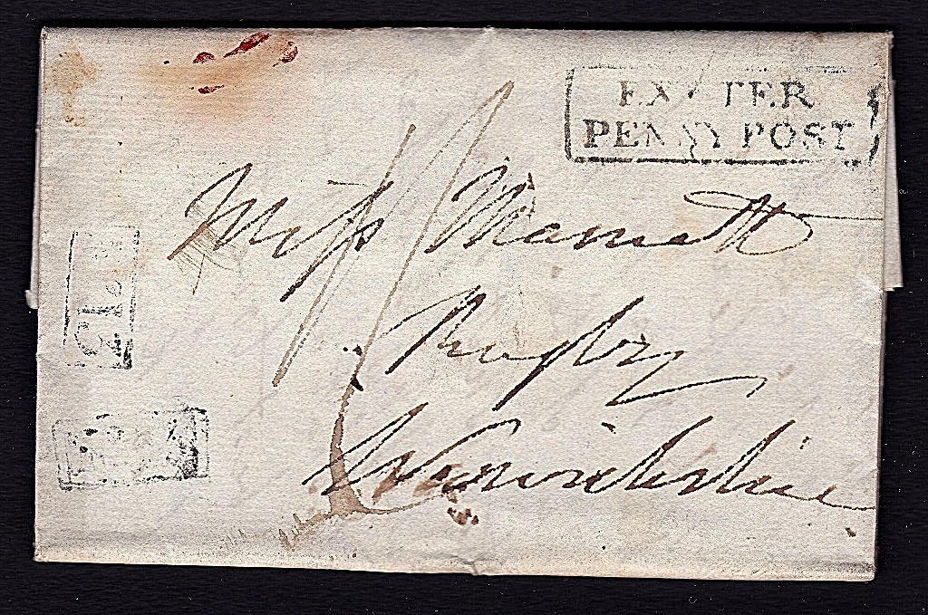 Devon 1824(Dec 9)-EL Exeter to Rugby with framed Exeter/Penny post in black, DN625,XXX; receiving