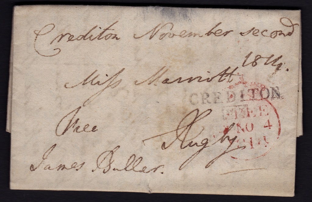 Devon 1814 Free El Crediton to Rugby, m/s Free Jamies Baller and red 'Free' SL Crediton/183 (DN