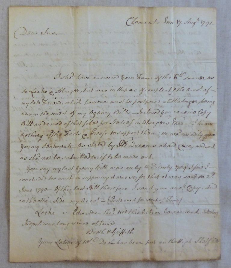 London to Chester 1791 EL- with bishop mark from Clements Shan, m/s 1/6 'rate' solicitors letter.
