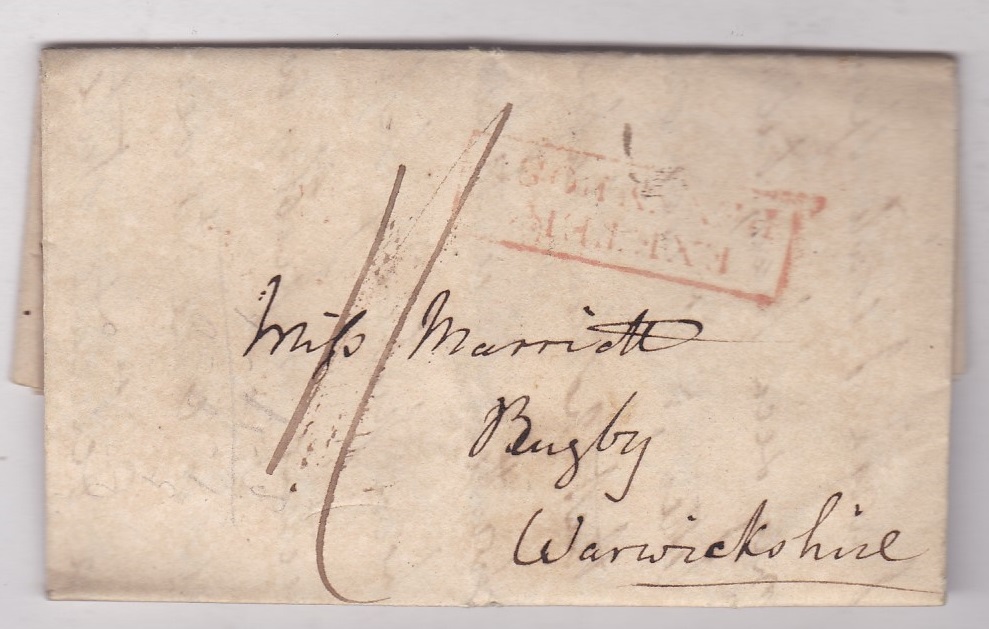 Devon 1819 EL Exeter to Rugby with boxed red Exeter/Penny Post 1/-, m/s rate, back with Exeter