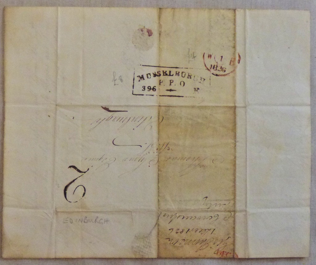 Scotland 1826 EL Musselburgh to Edinburgh with 2 hand stamp and boxed, Musselburgh/P.P.O/396E-
