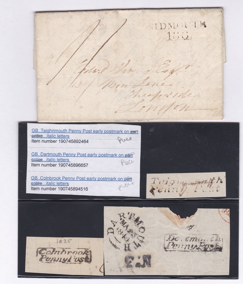 Devon - (3) items on piece boxed Colnbrook penny post, Telgnmouth-penny post, Dartmouth-penny post +