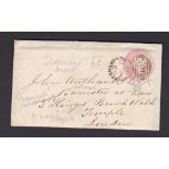 Great Britain 1858 - penny Pink envelope with *** Wolverhampton '905' sideways duplex to London