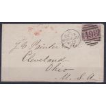 Great Britain 1875 Envelope Manchester to Ohio. 2½d rosy mauve PL 3 SG 139 full 498 duplex and