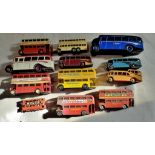 Mixed lot-of Buses-(12) Die cast, some Dinky + Corgi-unboxed.