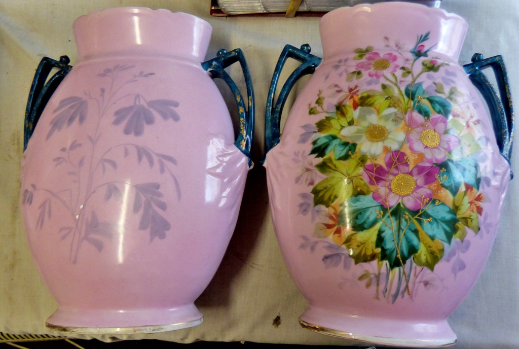 Porcelain urn vases (2), pink with handles painted flowers in excellent condition 14" high