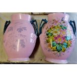 Porcelain urn vases (2), pink with handles painted flowers in excellent condition 14" high