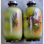 Pair of Vintage small vases - 5.1/2" tall, with silver edge, hand painted, no makers mark
