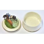 Fine Bone China - Trinket box with lid - with horse and jockey jumping fence. Made in England -