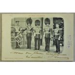 Scots Guards Photo Postcard Bandmaster, Drummer and Bugler etc., five in group, used 1903, U/D