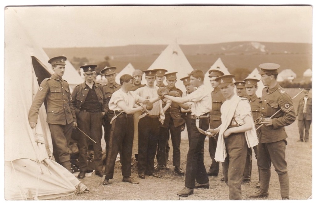 Royal Army Medical Corps WWI Fine RP card, Boxing at Camp including Timekeeper and referee, a