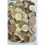 World coins (100s) in small tub, includes silver