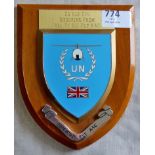 British UN Service Wooden Placard award to Air TPR Stocking from all at UN FLT Army Air Corps