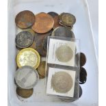 Medals, tokens,, retro's and copies in small tub