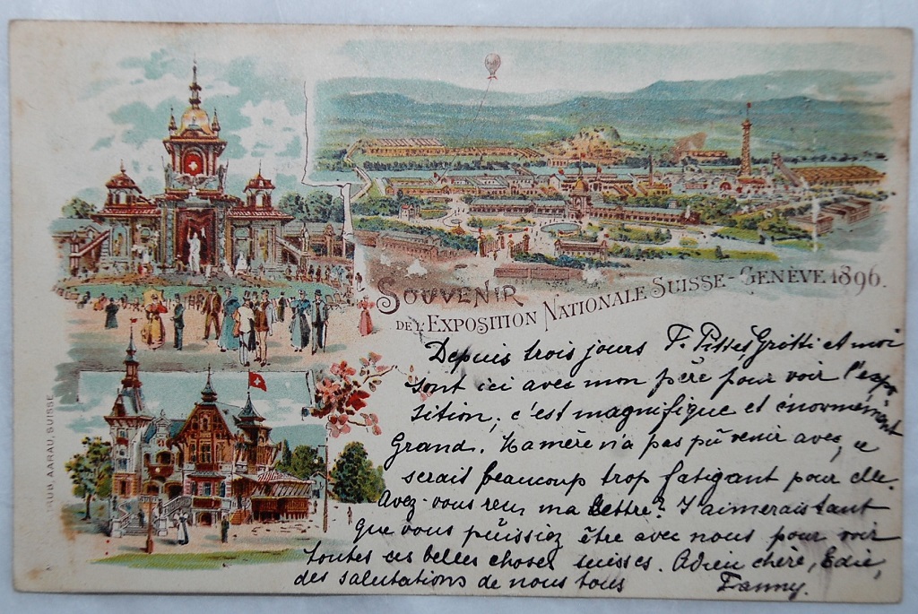 Switzerland 1896-Exposition National Suisse Genève chromo postcard used to London