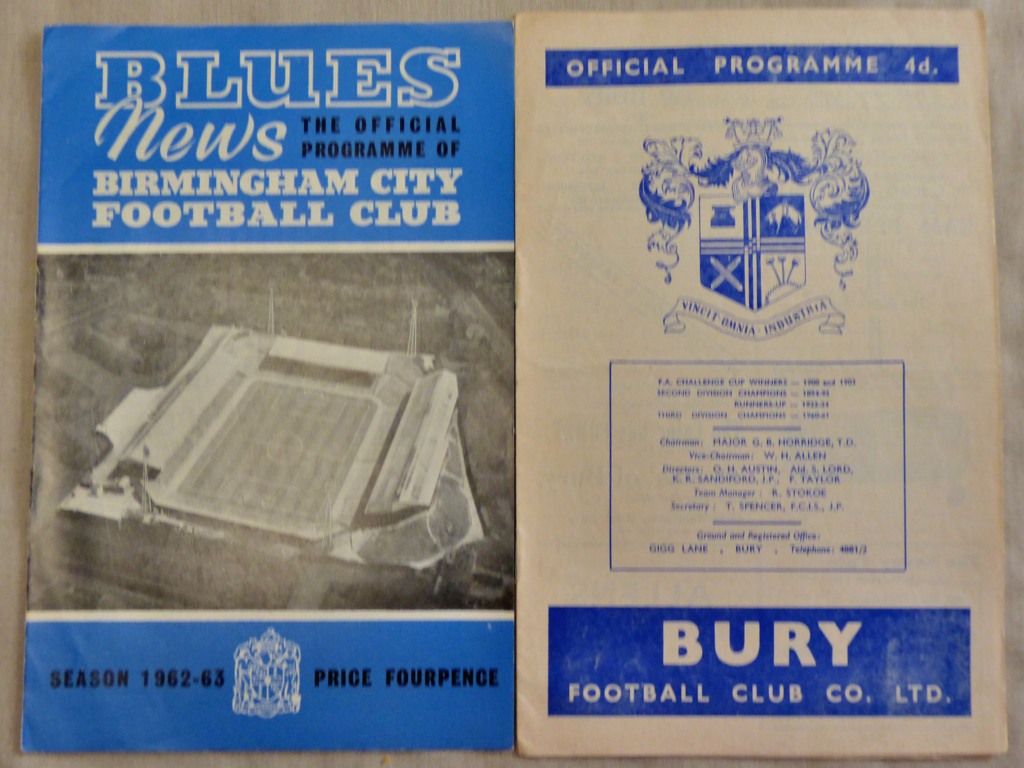 Football - 1962/63 Bury v Birmingham L/C SF two legs both programmes present, the Bury fixture is