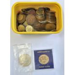 World coins in tub (100+) inc £5 coin in sealed plastic Bunc.