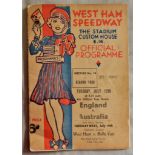 Speedway - England v Australia programme 1938 at Custom House, West Ham