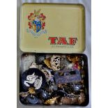 British Military Mixed tin including many shoulder titles, collar badges, Officers Rank pips,
