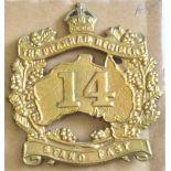 Australian - 14th Infantry Battalion Cap Badge1914 - (The Prahran Regiment) Brass KC