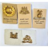 British Collar Badges (5) including: Royal Marines, King's Own Scottish Borderers, 15/19th King's