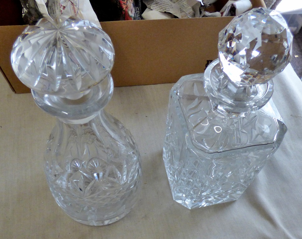 Crystal Decanters(2)-Square in excellent condition - and stoppers no maker mark