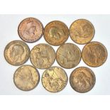 British Farthings (10) 1918 – 1943 all lustrous.