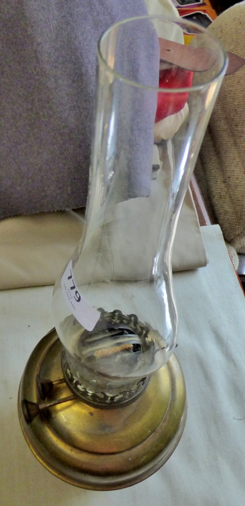 Vintage oil lamp-on stand, tin base with a slight dent - needs cleaning.