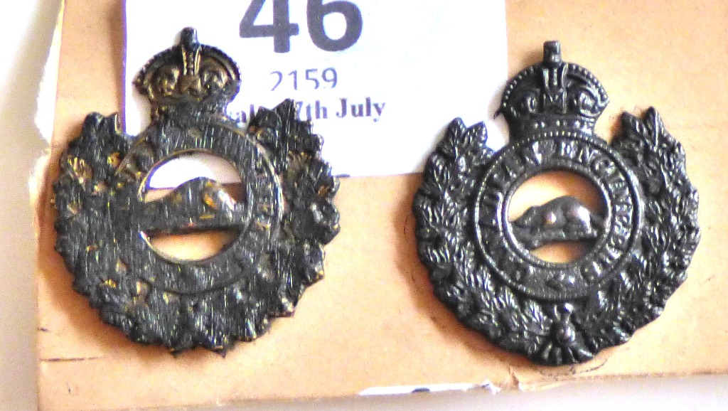 Canada The Canadian Engineers, KC, Bronze Officers collar badges, facing pair.