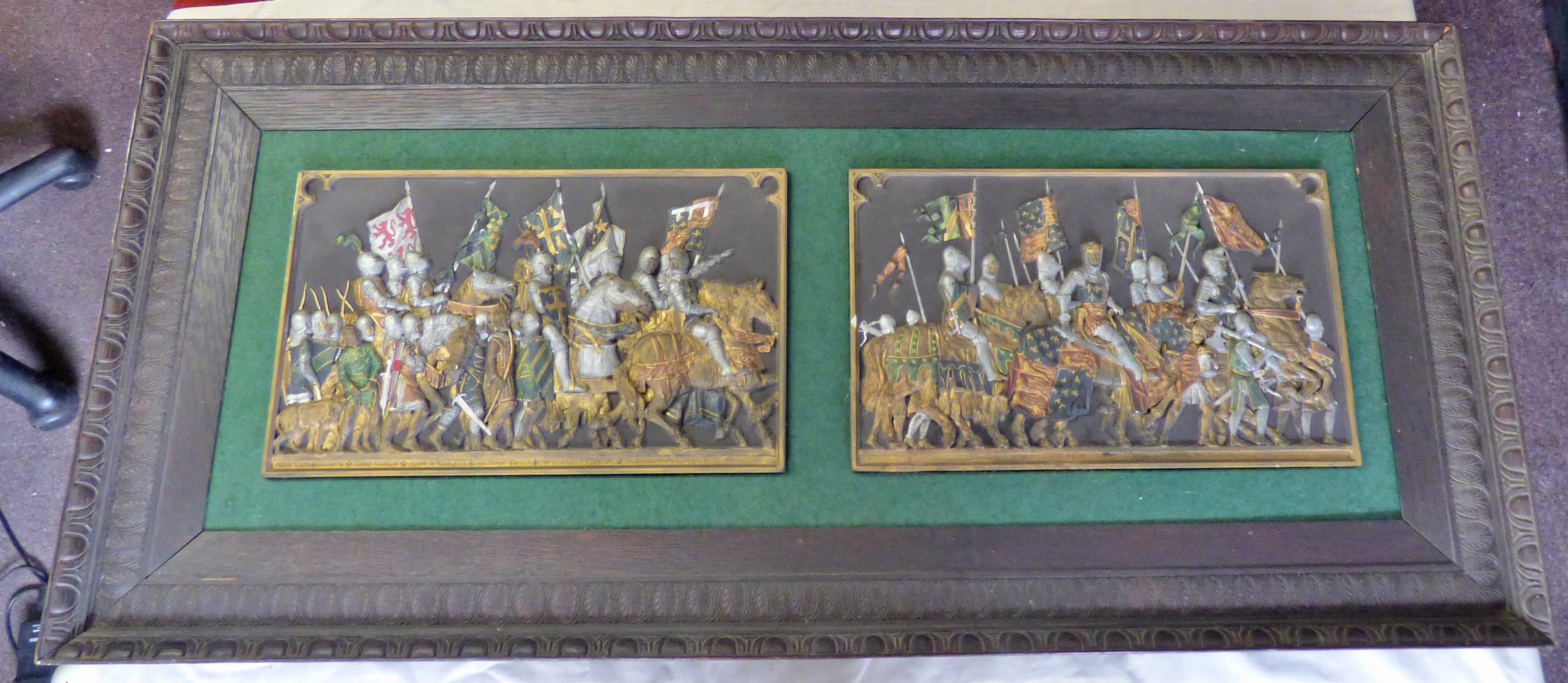 The Battle of Agincourt Bas-Relief beautifully framed with gold gilt and coloured relief, a large