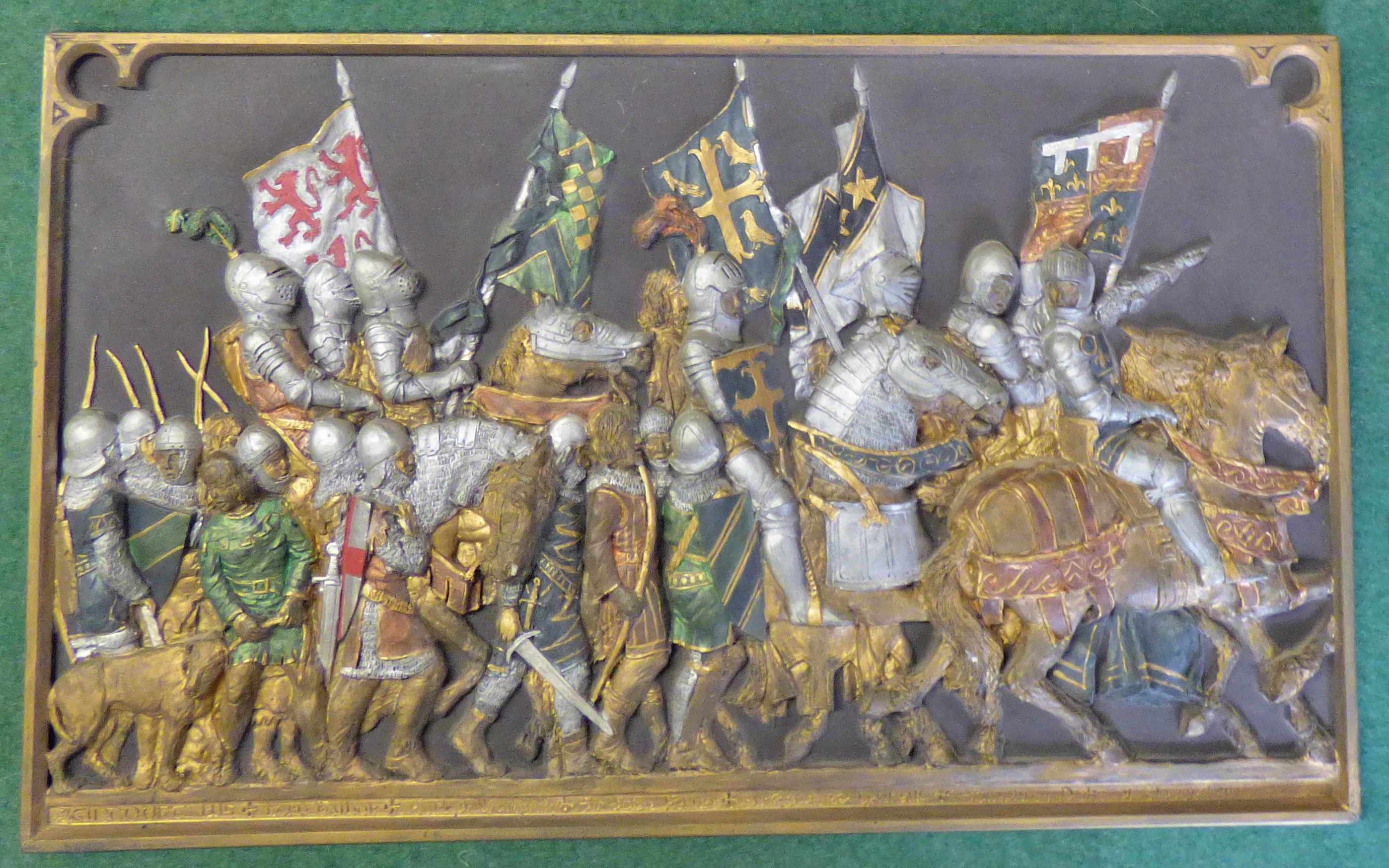 The Battle of Agincourt Bas-Relief beautifully framed with gold gilt and coloured relief, a large - Image 2 of 5