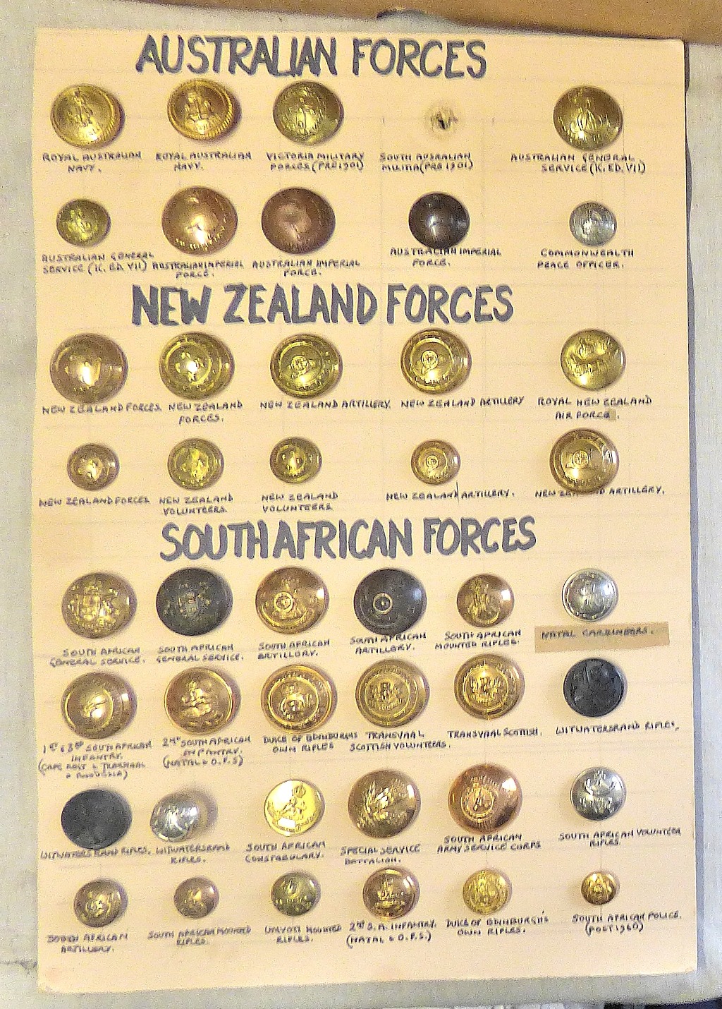Military Brass and Early Buttons including: Australian, New Zealand, South African Forces (40+) Some