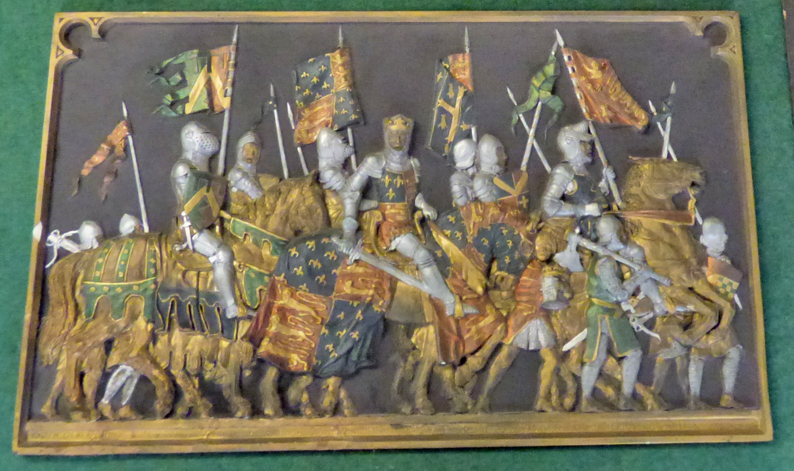 The Battle of Agincourt Bas-Relief beautifully framed with gold gilt and coloured relief, a large - Image 3 of 5