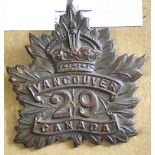 Canada - 29th Infantry Battalion (The Vancouver BN) Officers Cap Badge, Bronze KC