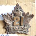 Canada - 21st Infantry Battalion Officers Cap Badge - Brown Metal