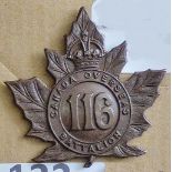Canada - 116th Infantry Battalion (The Ontario County BN) Cap Badge, Copper KC