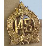 Canada - 148th Infantry Battalion Cap Badge - Dull Gilt (Officers) KC