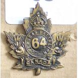 Canada - 64th Infantry Battalion Cap Badge - Brassed Copper KC